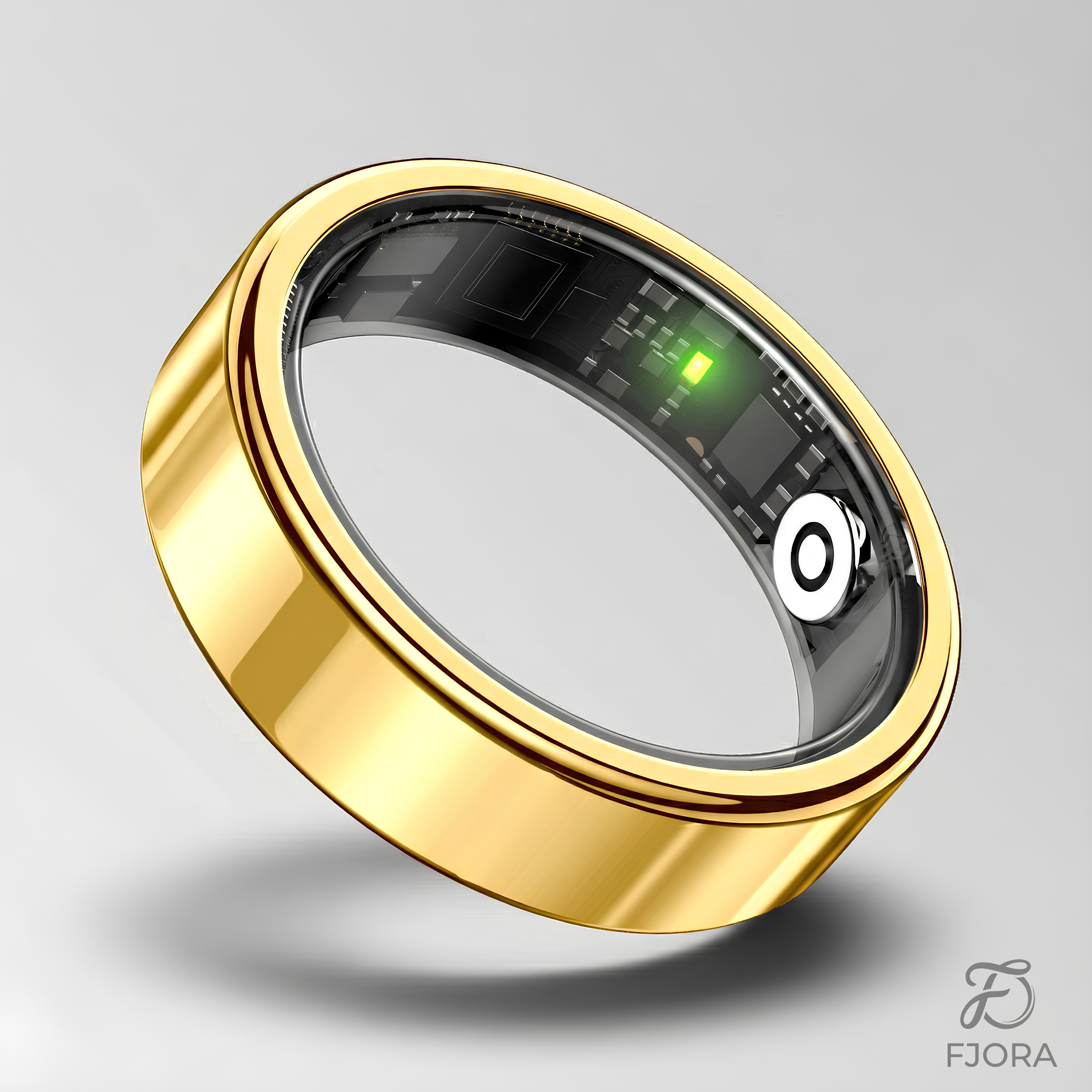Fjora gold slim smart ring ring with electronic components on a gray background